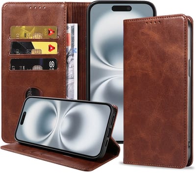 Smartphonica Telefoonhoesje Geschikt voor iPhone 16 Kunstleer met Magnetische sluiting en Pasjeshouder Bookcase met Klepje - Donkerbruin geschikt voor iPhone 16