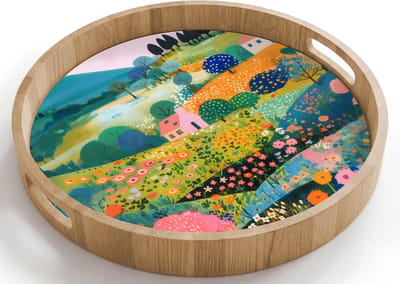Dienblad rond 40x40 cm - Schootdienblad hout - Heuvellandschap - Fantasierijk - Kleurcontrasten - Borrelplank rechthoek - Plateau houten dienbladen
