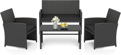KOMFOTTEU 4-delig Tuinmeubelset voor buiten, polyrotan, 2-zitsbank, 2 stoelen, salontafel met glasplaat, voor 4 personen, tuinmeubelen voor terras, terras, zwart