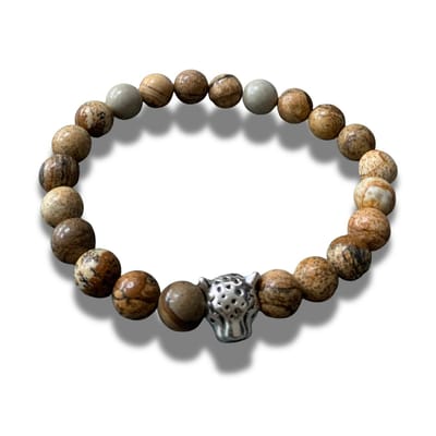 Armband - natuursteen - Picture jaspis - zilverkleurig element - tijgerhoofd - 8 mm 20 cm