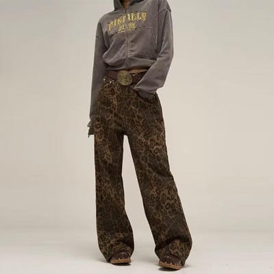 Retro Luipaardprint Wijde Pijpen Jeans voor Dames in Lente- en Zomerdesign Hoge Taille Slim Losse Rechte Broek L black