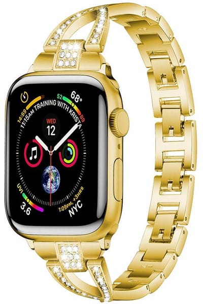 Stalen bandje met glitterstenen - geschikt voor Apple Watch 1/2/3/4/5/6/7/8/9/10/11/ SE (1,2,3) met maat 38 mm / 40 mm / 41 mm en 42 mm (Watch 10/11) - rvs met kliksluiting - goud
