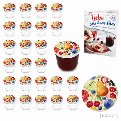 Set van 25 stuks Sturzglas 230 ml TO 82 Comic Obst deksel incl. receptenboekje