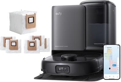 eufy Robotstofzuiger Omni E25 met 6 stofzakken, HydroJet dweilsysteem, 20.000 Pa zuigkracht, DuoSpiral borstels die ontklitten, CornerRover arm voor het schoonmaken van hoeken, alles-in-één station