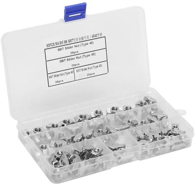 Dailygoods- T-groef Moer 80 Stuks - Aluminium Bevestigingsmoer - M4/M5/M6/M8 - Schuifblok met Opbergdoos - Eenvoudig te Vervoeren - Sleufmoer