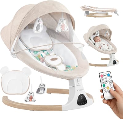 Tulano Astrid 35 Elektrische Babywipstoel - Met Bluetooth, Timer & Bewegingssensor - Inclusief Klamboe - Beige