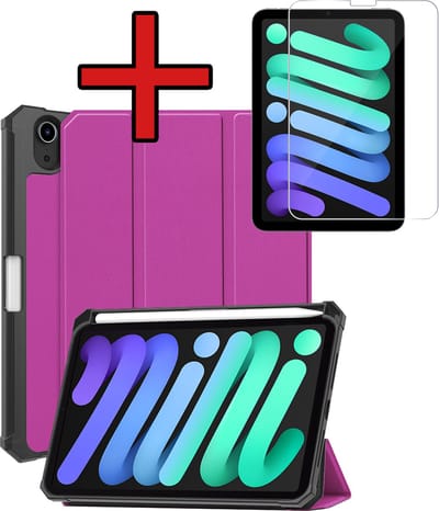 Hoesje - Geschikt voor Apple iPad Mini 7 (2024) - 8.3 inch - 7e Generatie - Met Screenprotector - Trifold Bookcase Hoes - Hard Cover Case - Met Uitsparing Geschikt voor Apple Pencil - Hardcover Book - Tablethoes - Paars