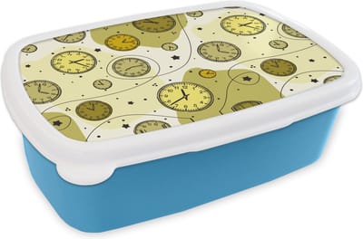 Broodtrommel Blauw - Lunchbox - Brooddoos - Retro - Klok - Patronen - Stippen - 18x12x6 cm - Kinderen - Jongen