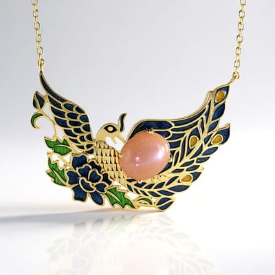 Cavill - Perzik Maansteen Ketting - 925 Sterling Zilver Verguld - 4,5 ct Ovale Cabochon - Handgemaakte Vogelvormige Hanger - Elegante Damesketting
