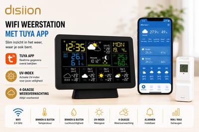 Distiion Smart Pro WiFi Weerstation met Buitensensor en App - Temperatuur Binnen en Buiten, Luchtvochtigheid, UV Index en Weersverwachting
