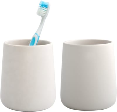 Bathroom Solutions Badkamer beker / tandenborstelhouder Earth Serie - 2x - Keramiek - ivoor wit - 8 x 10 cm