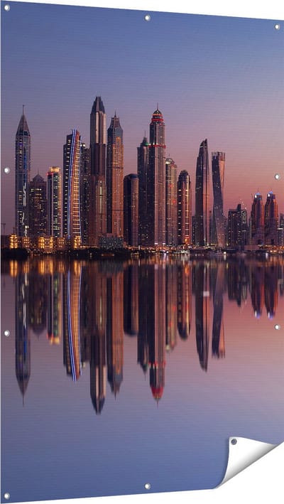 Gards Tuinposter Skyline Dubai Stad bij Zonsondergang - 100x150 cm - Tuindoek - Tuindecoratie - Wanddecoratie buiten - Tuinschilderij