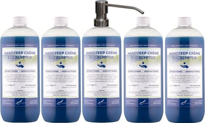 Handzeep Crème Eucalyptus 1 liter - set van 5 stuks - met gratis RVS zilverkleurige pomp - Voordeelverpakking