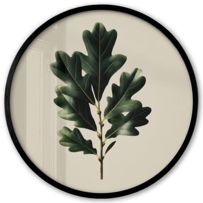 Poster in lijst Rond - Fotolijst 40x40 cm - Posters - Eikenbladeren - Beige - Groen - Golvende randen - Ronde posterlijst zwart - Decoratie - Wanddecoratie woonkamer - Muurdecoratie slaapkamer