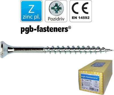 Houtschroef. 5.0 x 100mm. lang. Platkop-Pozidrive-pzd-2. Verzinkt . 200 stuks Spaanplaatschroeven. PGB-Fasteners.