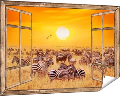 Gards Tuinposter Doorkijk Kudde Zebra's bij een Oranje Zonsondergang - 150x100 cm - Tuindoek - Tuindecoratie - Wanddecoratie buiten - Tuinschilderij