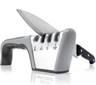 PromoHome Premium Messenslijper met 4 Slijpniveaus - Professionele Handmatige Keukenslijper voor Messen en Scharen - Antislip Handvat - Zilverkleurig