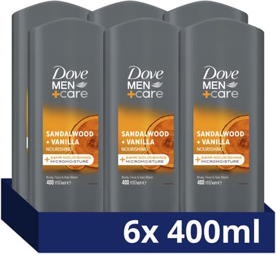 Dove Men+Care 3-in-1 Douchegel - Sandalwood + Vanilla - reinigt mild en verzorgt de huid 24 uur lang met MicroMoisture technologie - 6 x 400 ml