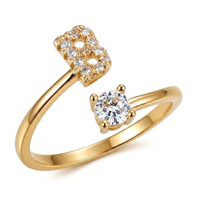 Goudkleurige witkleurige ring dames met initiaal B en ronde steen – open ring verstelbaar letter ring met strass details en zirkonia look