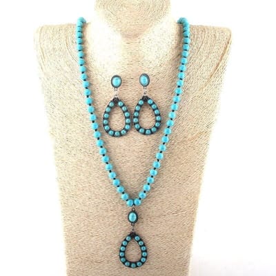 Sorprese Marble Boho turquoise - ketting - inclusief - oorbellen - kralenketting - Drop hanger - 86 cm - cadeau - Model Z