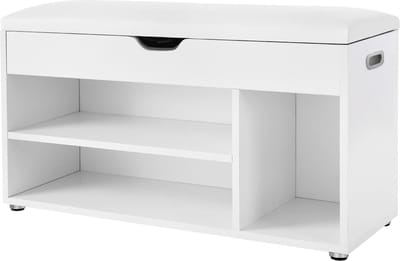 FurnStar - schoffelbank met zitkussen - 3-vakskist - bank voor het opbergen van schoenen met zitting - 2 treden - halmeubel - wit maximale belasting 150 kg - 80x44x30 cm - Wit