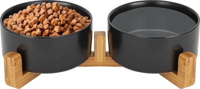 Jake and Jacky Voerbak Hond en Kat Keramiek - Kattenvoerbakjes - Hondenvoerbak - Etensbakjes voor kat - Voerbakken Dubbel met Standaard - Drinkbak en Eetbak - 2x 800 mL - Zwart