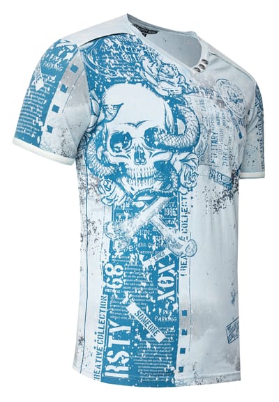 T-shirt met V-hals en all-over skull- en slangprint en suède details