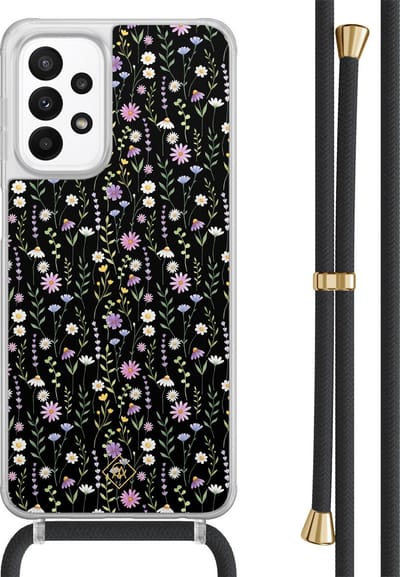 Casimoda® hoesje met zwart koord - Geschikt voor Samsung A23 - Flower Fantasy - Afneembaar koord - TPU/acryl - Zwart