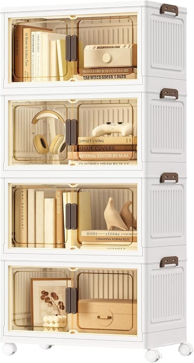 SONGMICS RLB460WZ01 4-laags opbergdozen met 1 deksel, stapelbaar op wielen, kunststof dozen met magnetische deur, organizer, wit, 55 liter per laag, 220 liter totaal