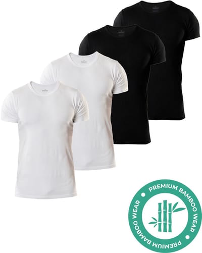 SQQUADD® Bamboe T-Shirt Heren - Slim fit - Ronde hals - Maat S - 4-pack - Zijdezacht en Ademend - Anti Zweet T-Shirt - Ondershirt Heren - Zwart en Wit