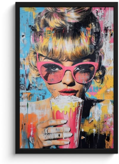 Poster in lijst - Fotolijst 40x60 cm - Posters - Zonnebril - Vrouw - Kleurrijk - Verfspetters - Posterlijst zwart - Decoratie - Wanddecoratie woonkamer - Muurdecoratie slaapkamer