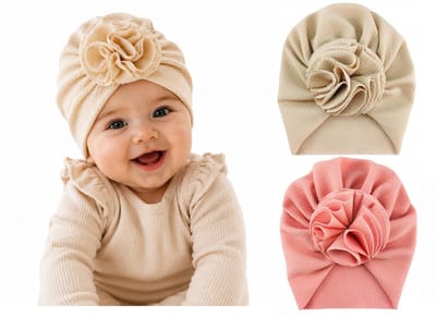 Babymutsjes Meisje met Bloem - Set van 2 Tulband Mutsjes - Roze & Crème - Zachte Baby Mutsjes 3 tot 15 Maanden