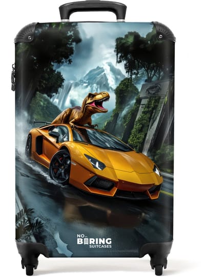 NoBoringSuitcases.com® - Kinderkoffer jongen - Kindertrolley jongens - T-Rex op oranje sportauto in regenachtig woud - Handbagage koffer lichtgewicht - Reiskoffer trolley kinderen - Rolkoffer met wieltjes - Past binnen 55x40x20 en 55x35x25