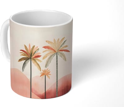 Mok - Koffiemok - Palmbomen - Heuvels - Minimalistisch - Zachtroze - Mokken - 350 ML - Beker - Koffiemokken - Theemok