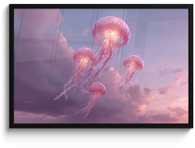 Poster in lijst - Fotolijst 90x60 cm - Posters - Kwallen - Roze - Wolken - Posterlijst zwart - Decoratie - Wanddecoratie woonkamer - Muurdecoratie slaapkamer