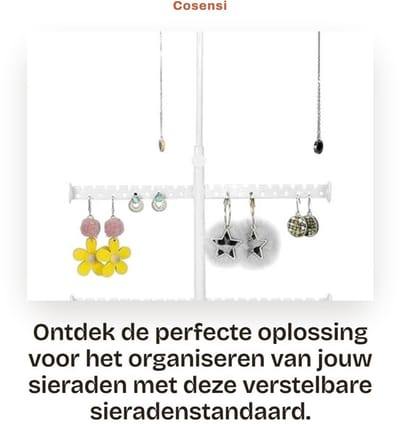 Dailygoods- Sieradenstandaard Hoogte verstelbaar - Sieraden organizer - Armband houder - Ringenhouder - Sieradenboom - Capaciteit van 68 gaten voor 34 paar oorbellen - Sieradenhouder