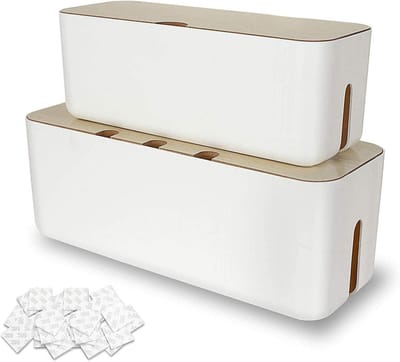 Set van 2 kabeldozen wit, grote kabelorganizer met houten deksel voor kabels, adapters en stekkerdozen, ideaal voor kabelbeheer en opgeruimd interieur