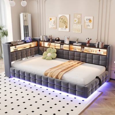DESMIU Gestoffeerd Bed 90x200cm – Slaapbank Met Hoofdbord En Zitfunctie – Hydraulische Opbergruimte En Ledverlichting – Voor Slaapkamer En Logeerkamer – Velours – Grijs – Zonder Matras