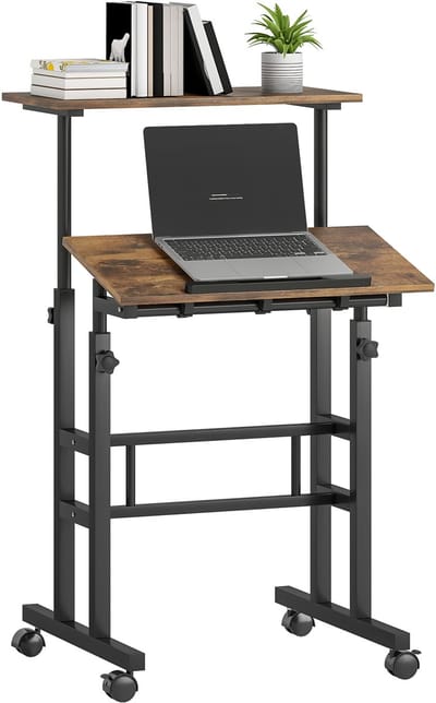 In hoogte verstelbaar bureau - Verrijdbaar zit-sta bureau - Kantelbaar werkblad - 60x60 cm - Rustiek bruin