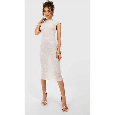 boohoo Dames Midaxi-jurk met trechterhals, textuur en capmouwen | Ivoor | Maat: 36