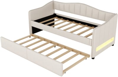 Daybed, 90x200cm slaapbank met uitschuifbaar bed, slaapbank, eenpersoonsbed (zonder matras), sfeervol lichtontwerp, linnen, minimalistische styling, beige