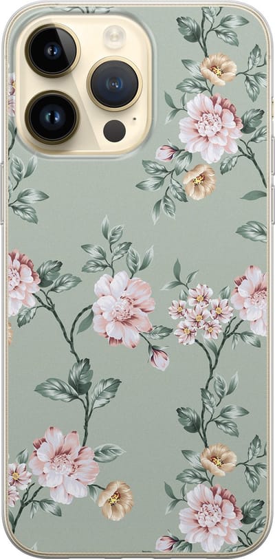 Leuke Telefoonhoesjes - Hoesje geschikt voor iPhone 14 Pro Max - Bloemetjes - Soft case - TPU - Bloemen - Groen