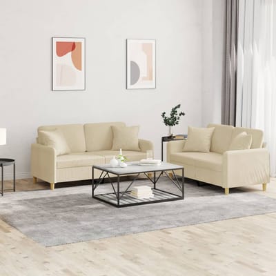 vidaXL - 2-delige - Loungeset - met - kussens - stof - crèmekleurig