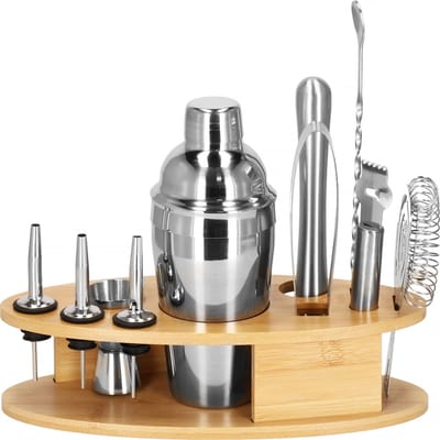 Springos Cocktail Set | 11-Delige Cocktail Shaker Set | Inclusief Bamboe Standaard & Cadeauverpakking | RVS | 550 ml | Zilverkleurig