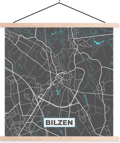 Posterhanger incl. Poster 40x40 cm - Schoolplaat - Kaart – Plattegrond – Stadskaart – Bilzen – België - Grijs - Textielposter - Blanke latten - Stadskaart