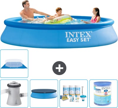 Intex Rond Opblaasbaar Easy Set Zwembad - 305 x 61 cm - Blauw - Inclusief Pomp - Afdekzeil - Onderhoudspakket - Filter - Grondzeil - 6-delig