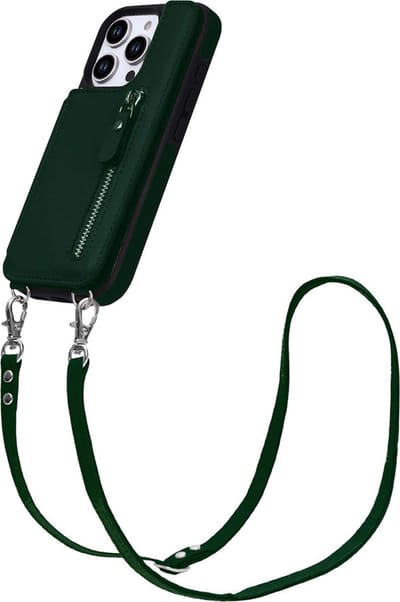 CaseBoutique Backcase hoesje geschikt voor iPhone 16 Pro - Effen Groen - Kunstleer - met Crossbody Koord, Pashouder & Ritsvakje
