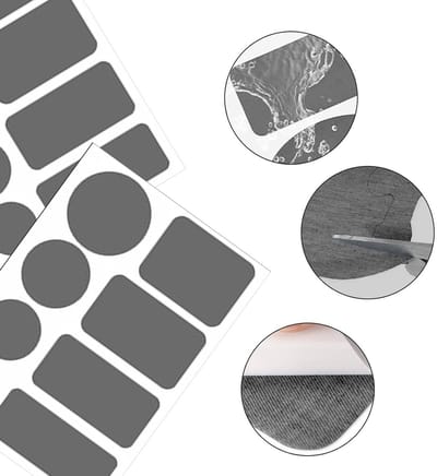 24 Stuks Waterdichte Reparatie Patches voor Kleding, Tenten en Tassen - Nylon, Zelfklevend, Diverse Maten in Rond en Rechthoekig (Donkergrijs)