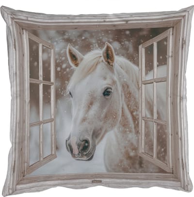 Sierkussens - Kussentjes Woonkamer - 50x50 cm - Paard - Wit - Winter - Sneeuw - Doorkijk - Dieren