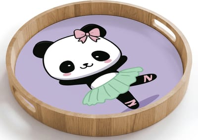 Dienblad rond 40x40 cm - Schootdienblad hout - Panda - Paars - Sierlijk - Kawaii - Borrelplank rechthoek - Plateau houten dienbladen